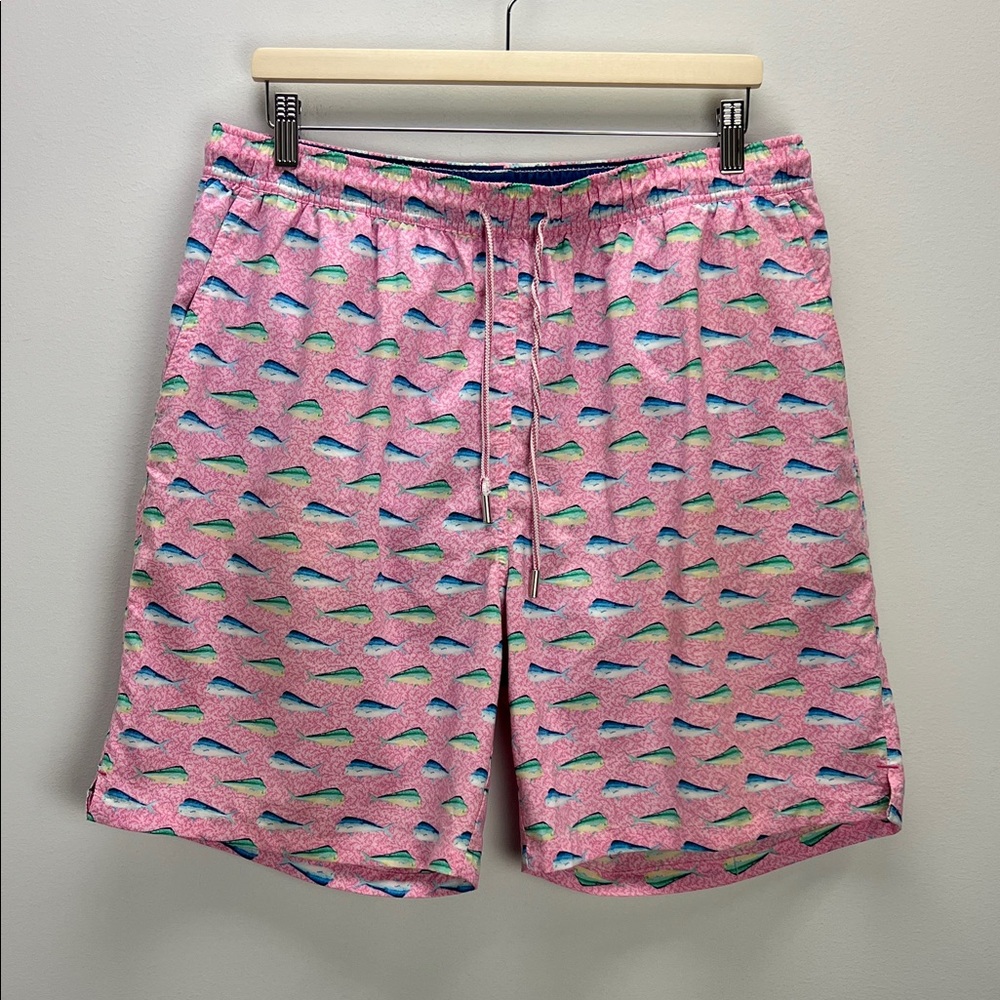 Peter Millar Swim Shorts Seaside Pink Mahi Mahi Trunks Fish Print Mens XL Preppy